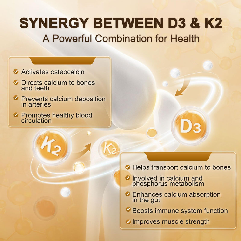Vitamin D3 K2 synergy aiding bone and heart health.