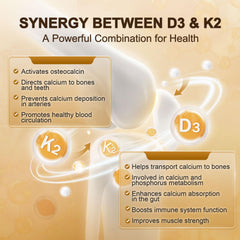 Vitamin D3 K2 synergy aiding bone and heart health.