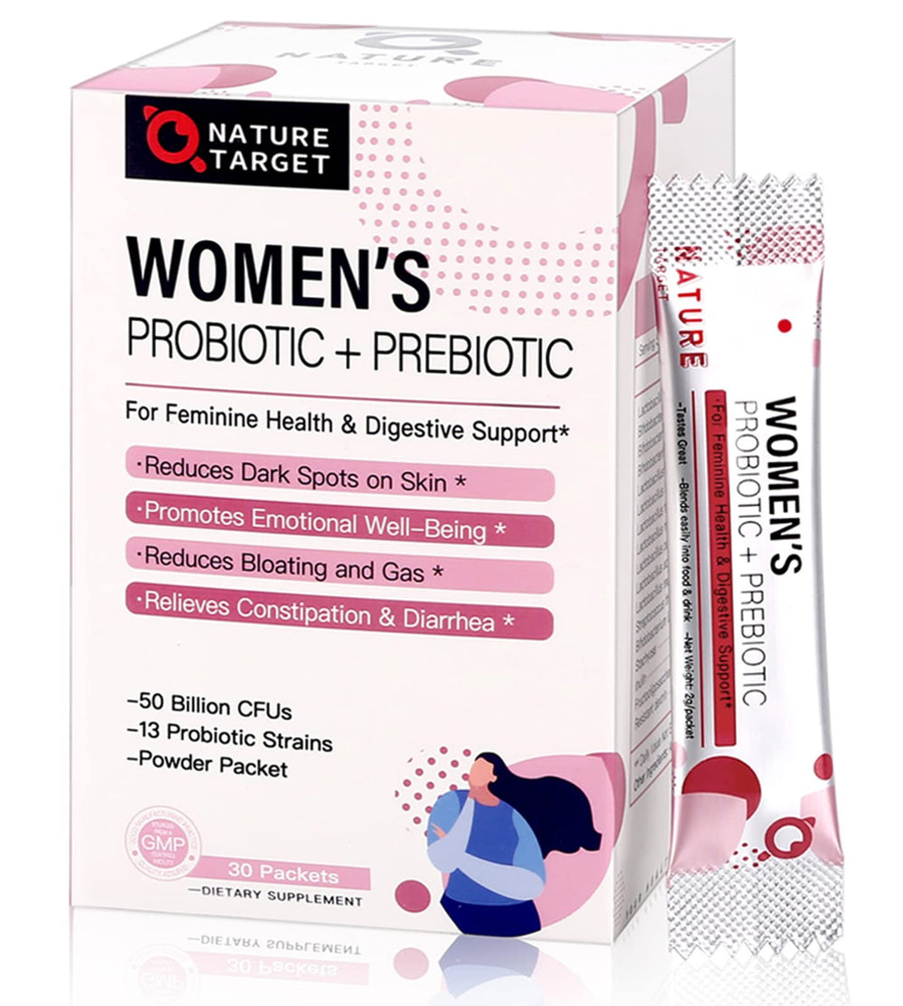 NATURE TARGET Probiotics for Women bottle close-up showcasing 50B CFU and 13 strains.
