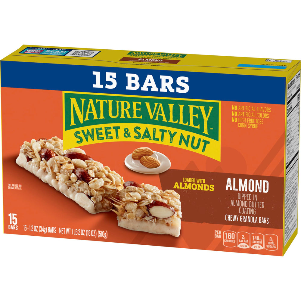 Almond butter coating seen on a Nature Valley bar for rich texture.