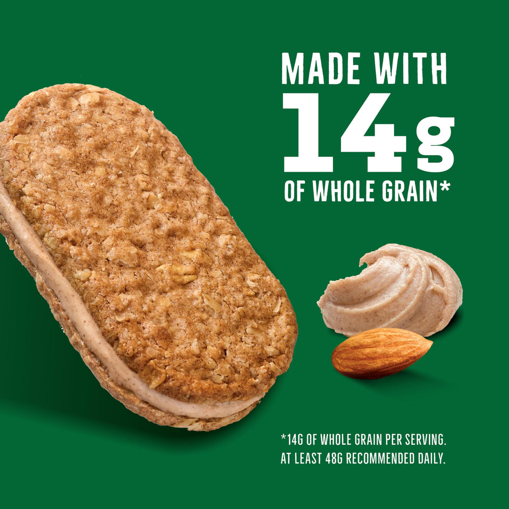 Nature Valley Cinnamon Almond Butter Biscuit Sandwich whole-grain focus, wholesome snack option.