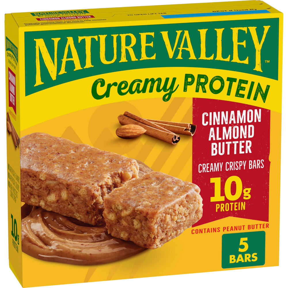 Nature Valley Creamy Protein Bars Cinnamon Almond Butter box for on-the-go snacking