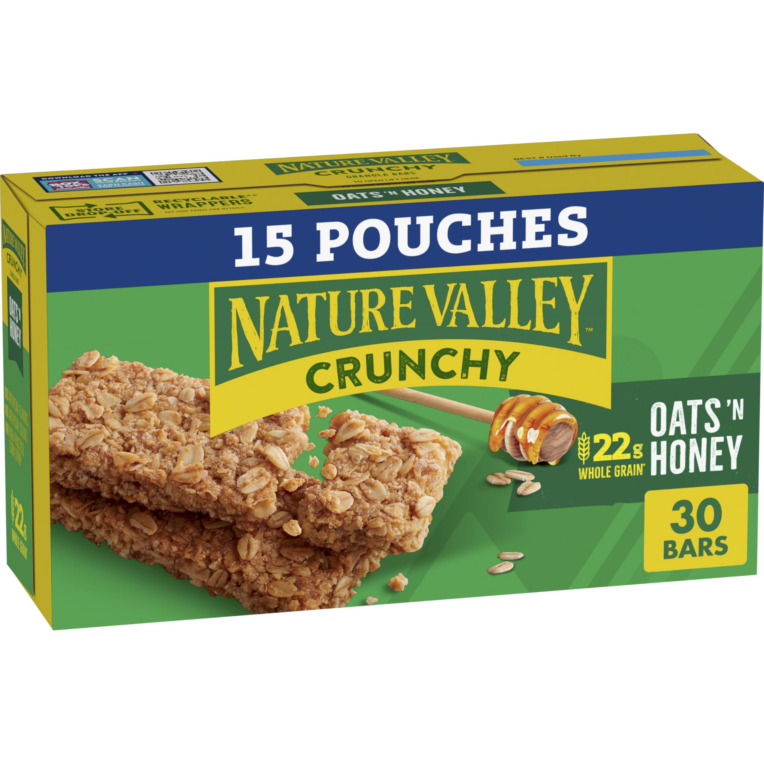 Nature Valley Crunchy Granola Bars Oats 'n Honey packaging for on-the-go snacking.