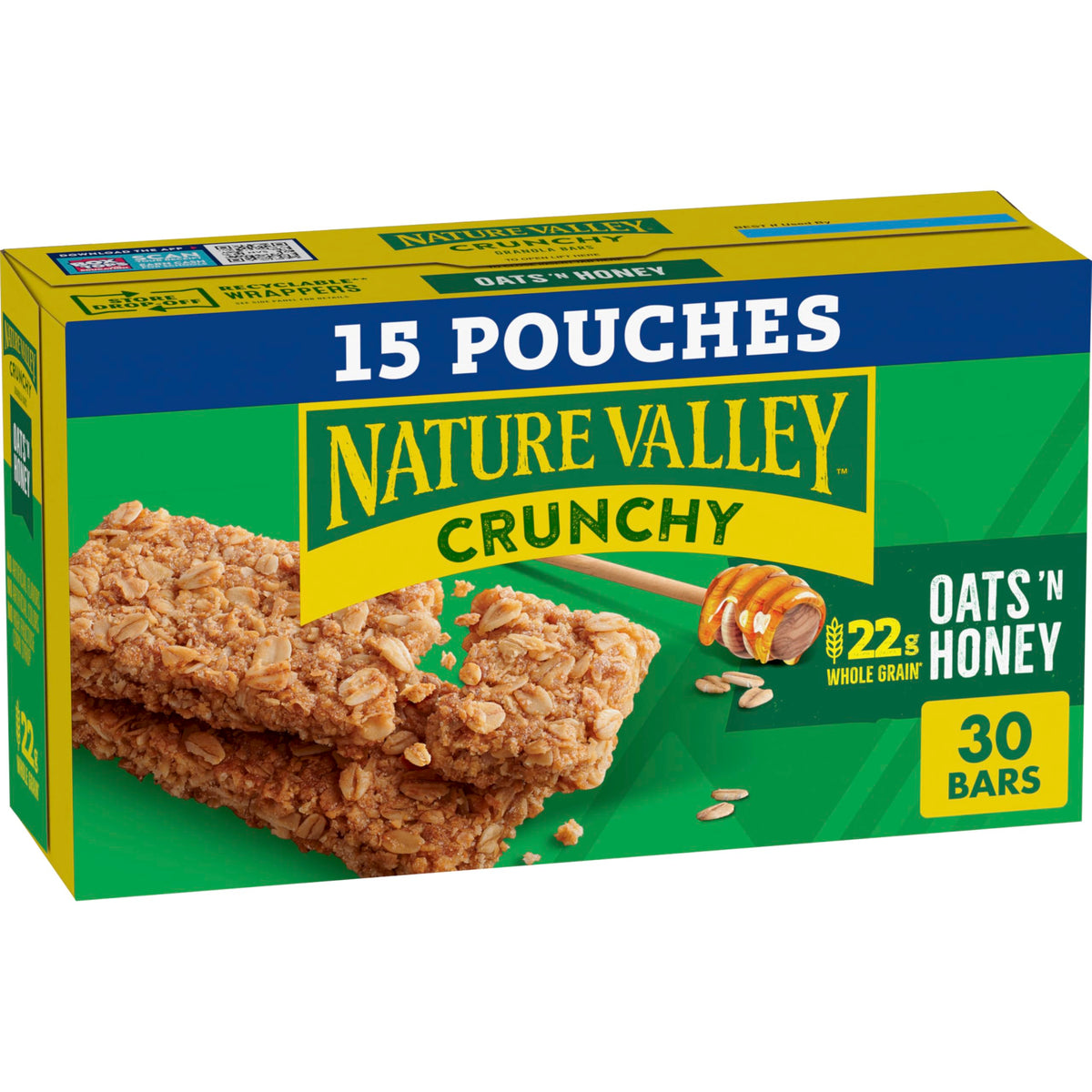 Nature Valley Crunchy Granola Bars Oats 'n Honey packaging for on-the-go snacking.