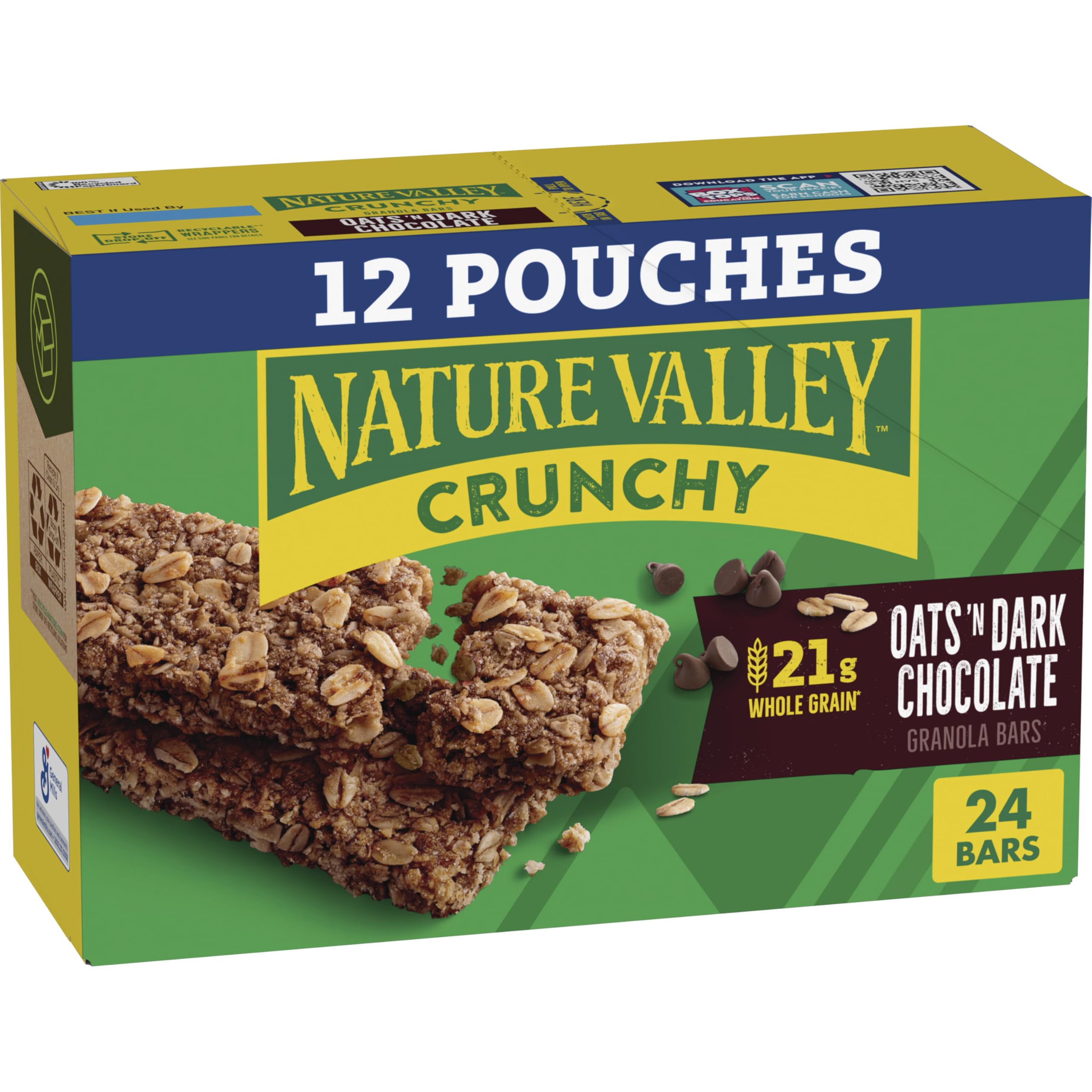 Nature Valley Crunchy Oats 'N Dark Chocolate bars packaging on shelf for pantry snacking