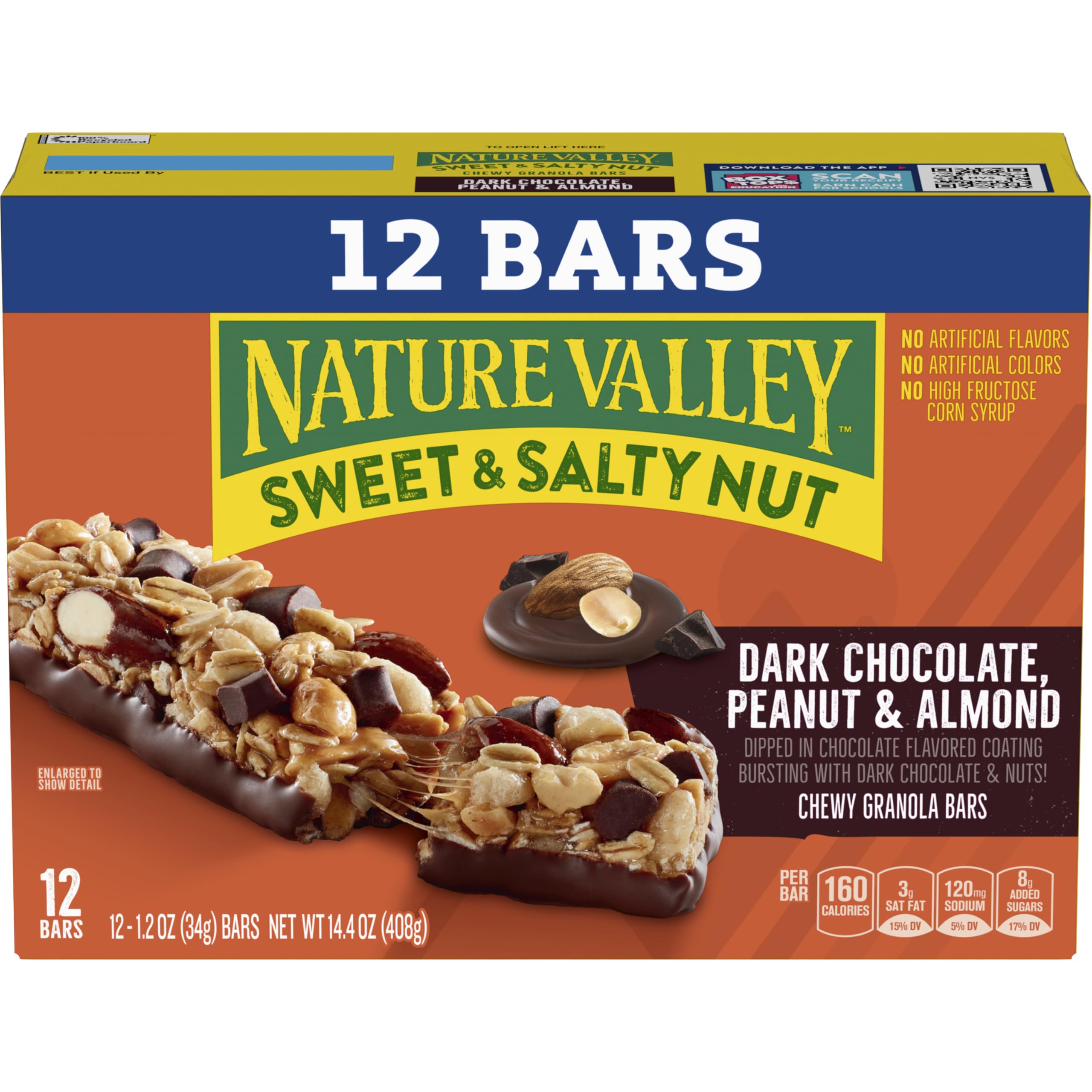 Hand holding a Nature Valley dark chocolate peanut almond bar for on-the-go energy.