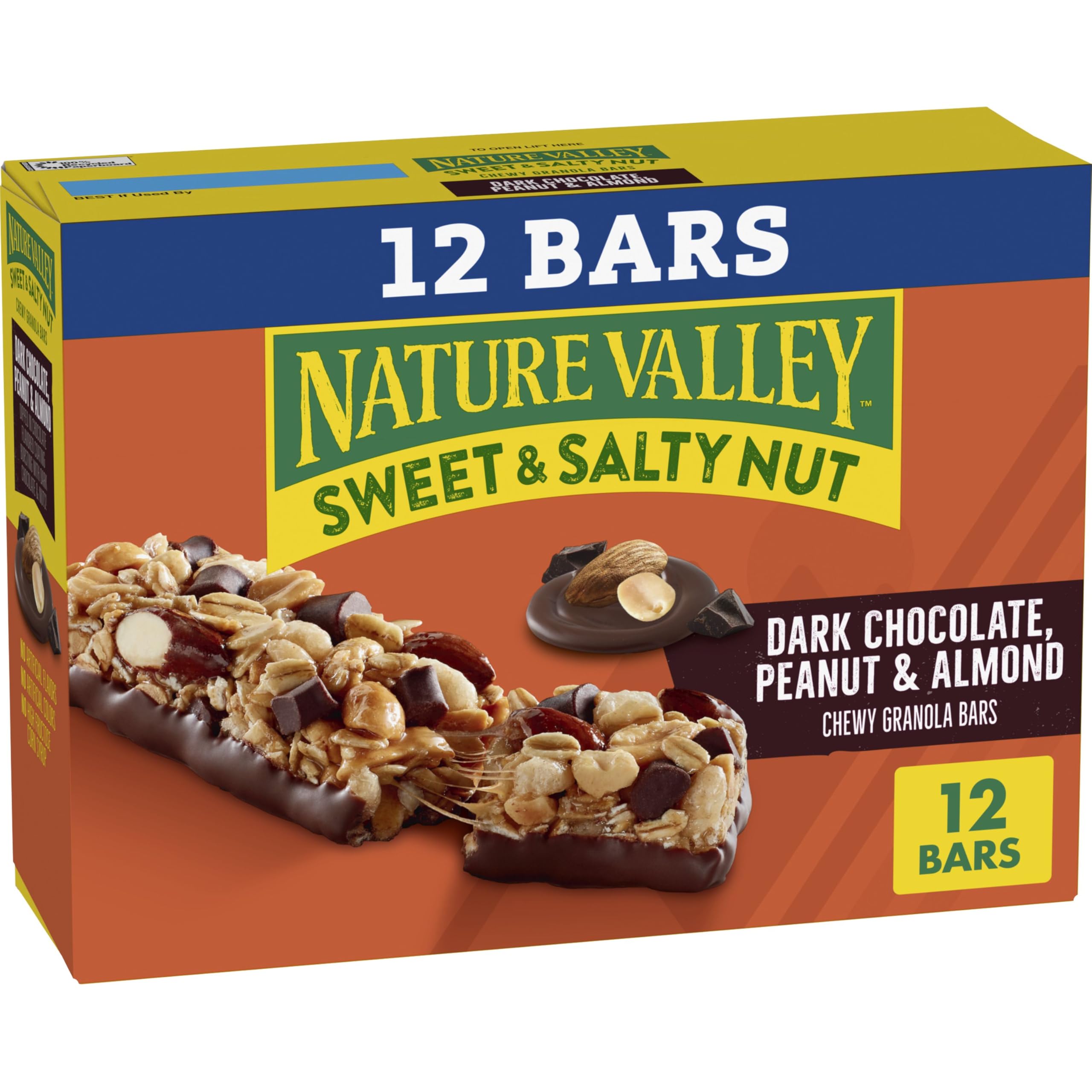 Nature Valley dark chocolate peanut almond bar pack on pantry shelf.