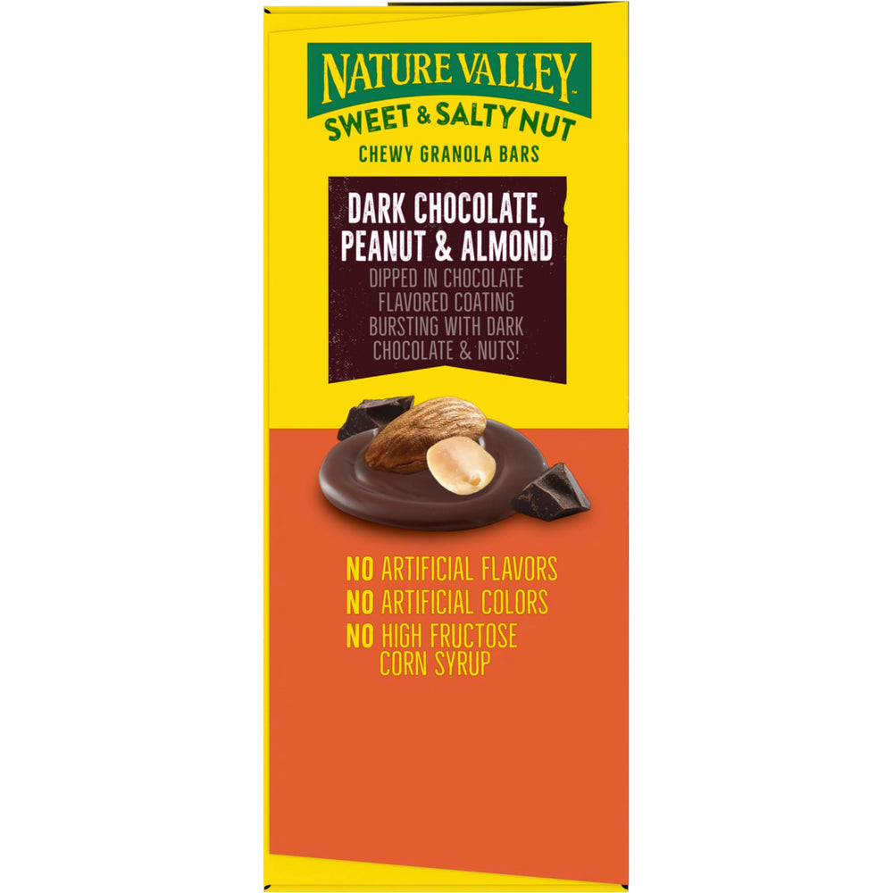 Nature Valley dark chocolate peanut almond bars on a hiking trail.
