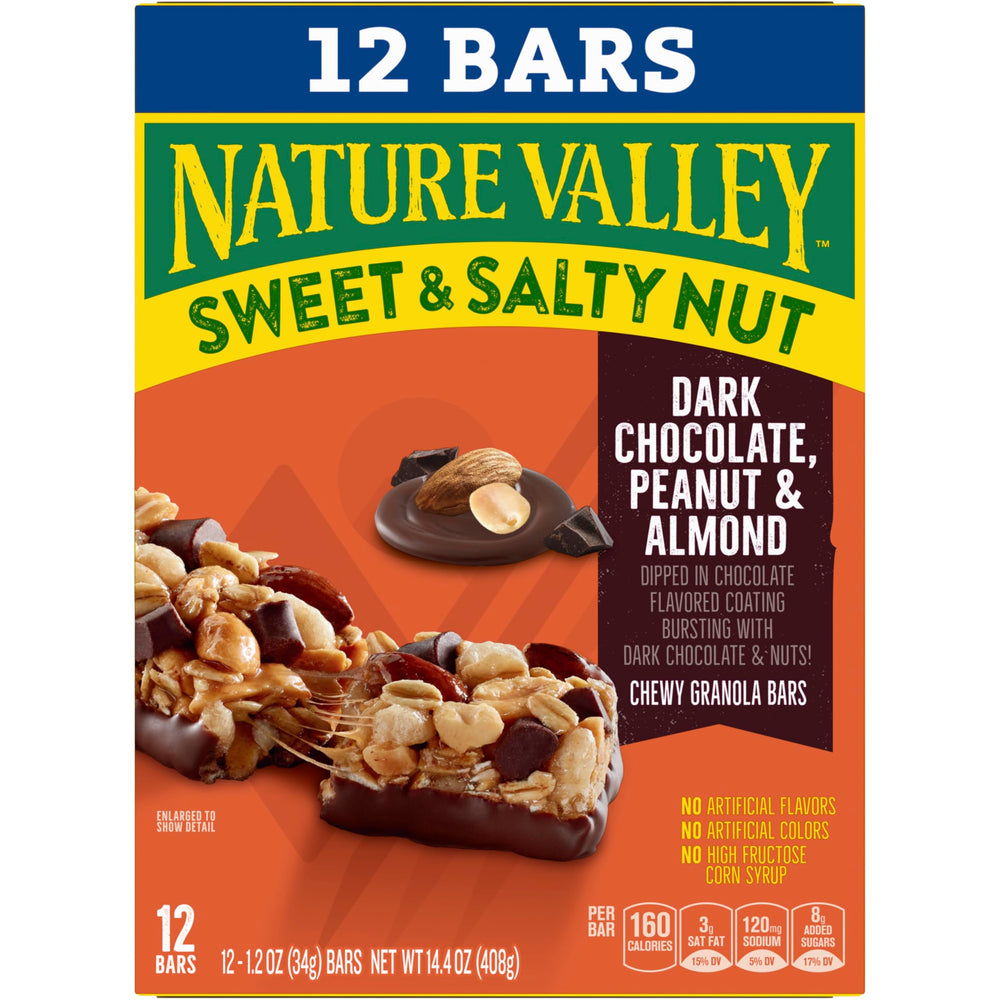 Bars in a lunchbox featuring Nature Valley dark chocolate peanut almond.
