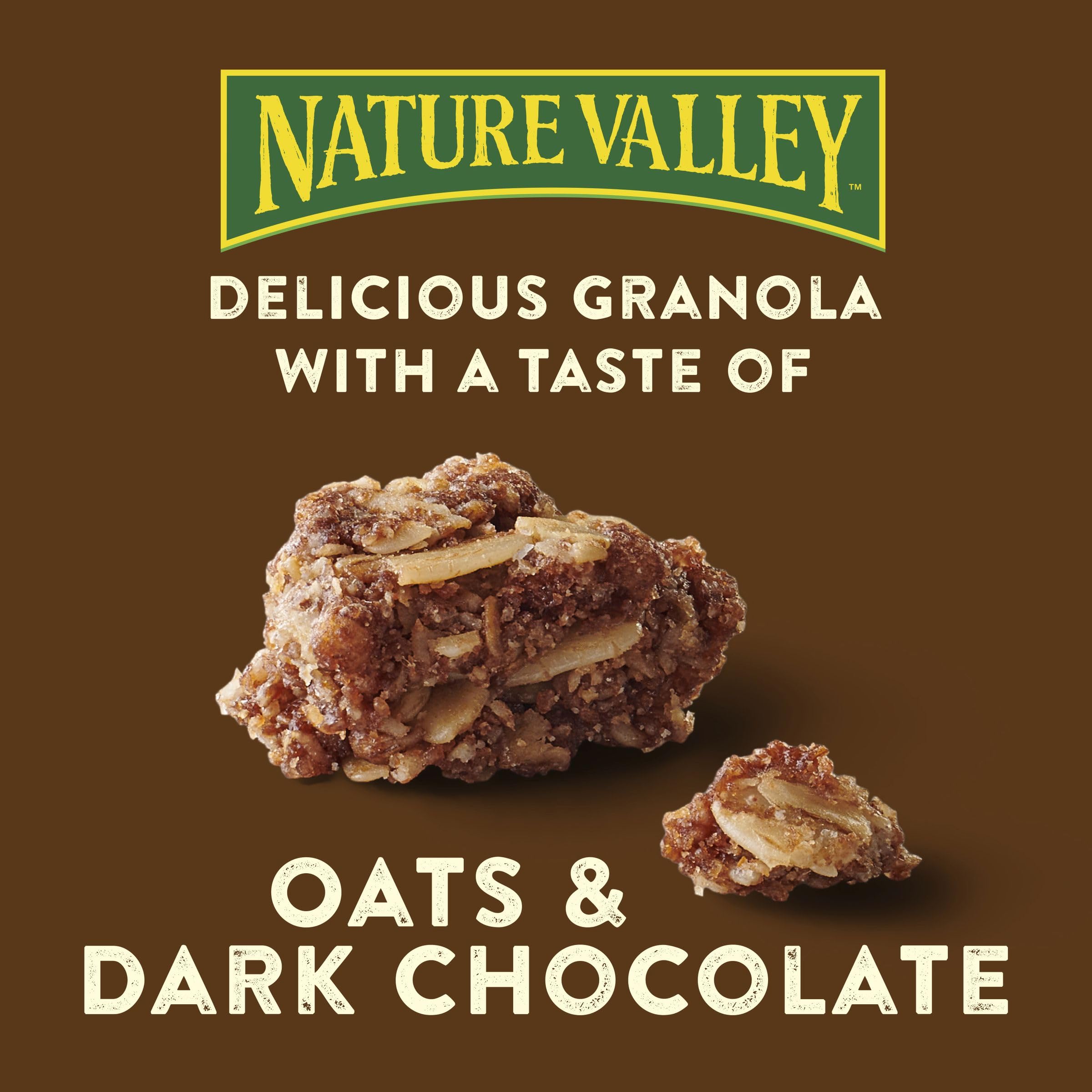 Closeup of Nature Valley granola clusters highlighting crunchy texture and chocolate bits
