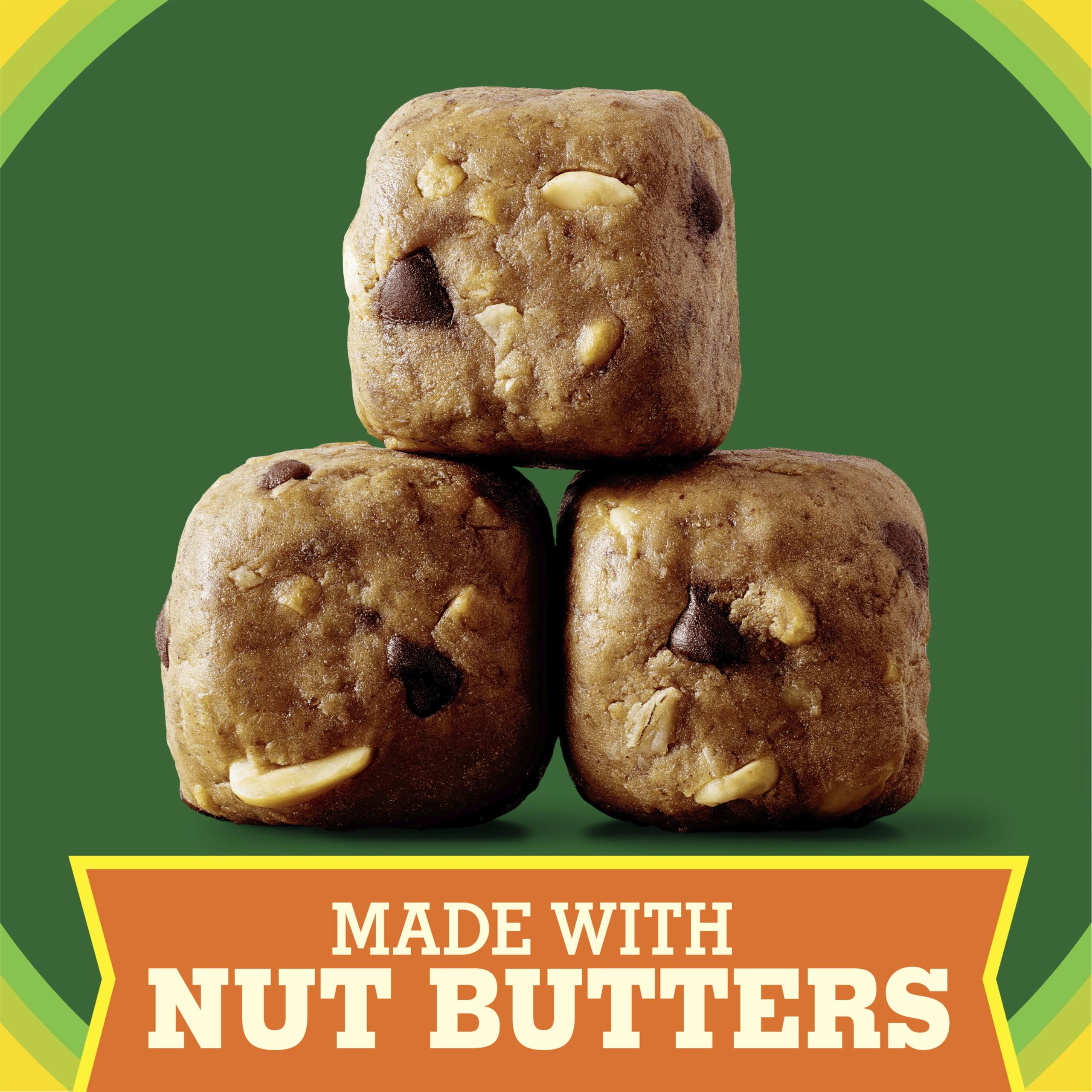 Close-up ingredients show oats, peanut butter, and cashew butter in natural textures