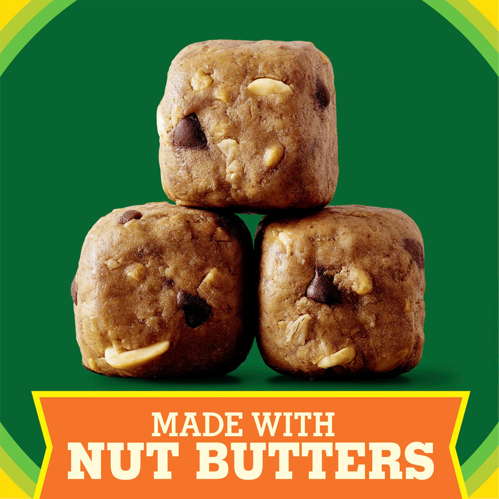 Close-up ingredients show oats, peanut butter, and cashew butter in natural textures