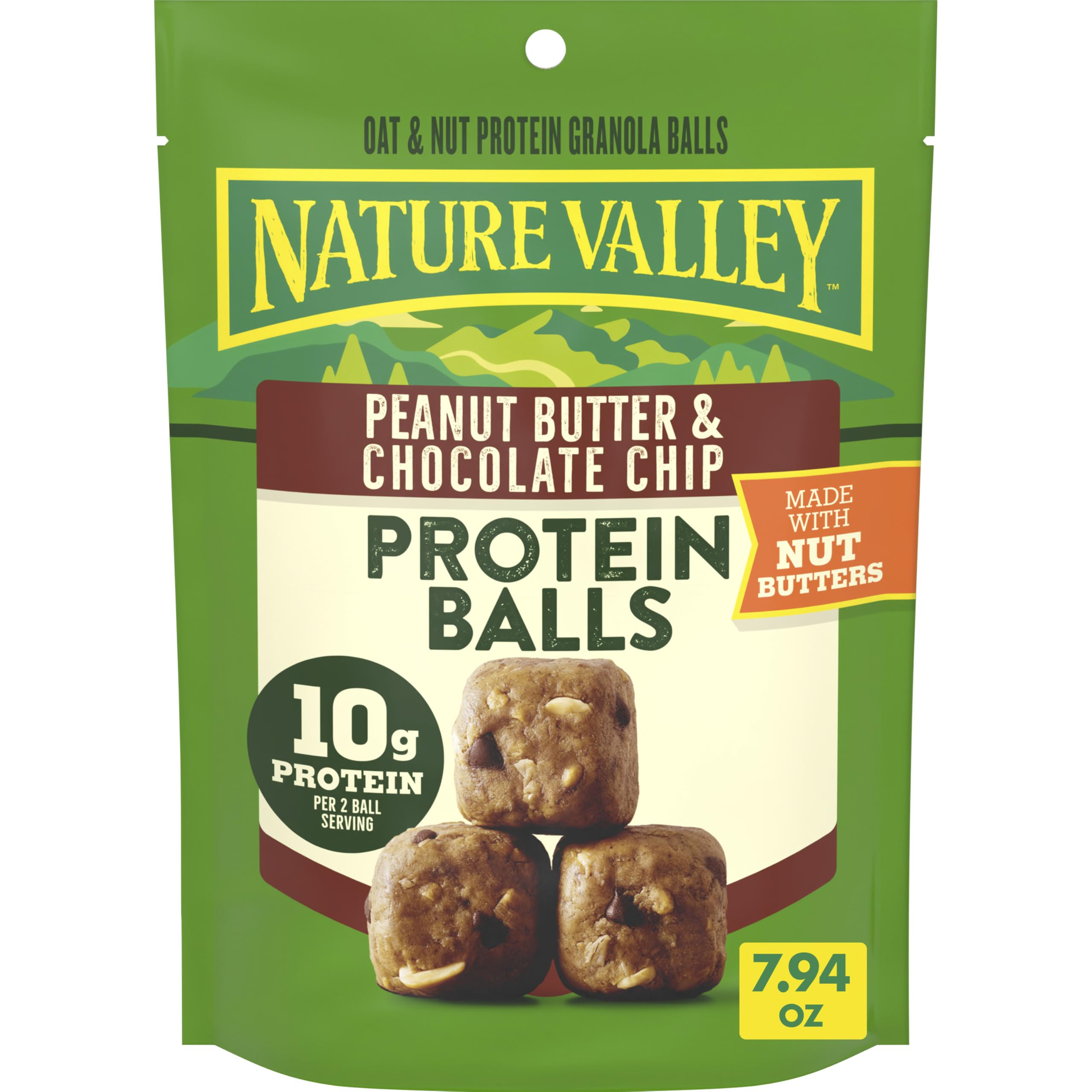 Nature Valley Oat and Nut Protein Granola Balls packaging showing peanut butter and chocolate chips for on-the-go snacking