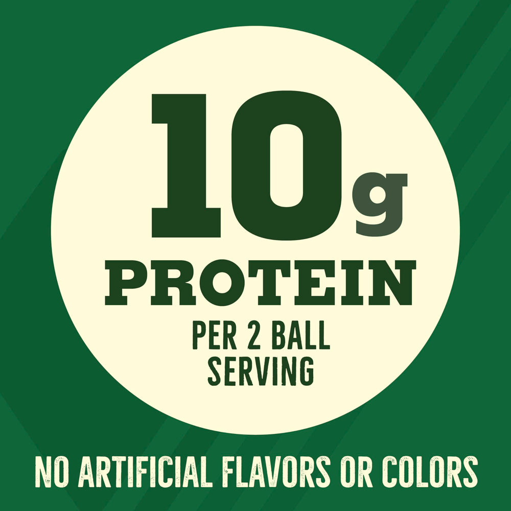 Serving-size visuals emphasize 10g protein per two balls for quick energy