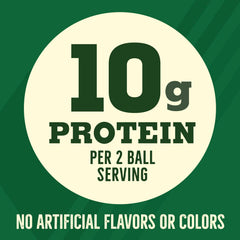 Serving-size visuals emphasize 10g protein per two balls for quick energy