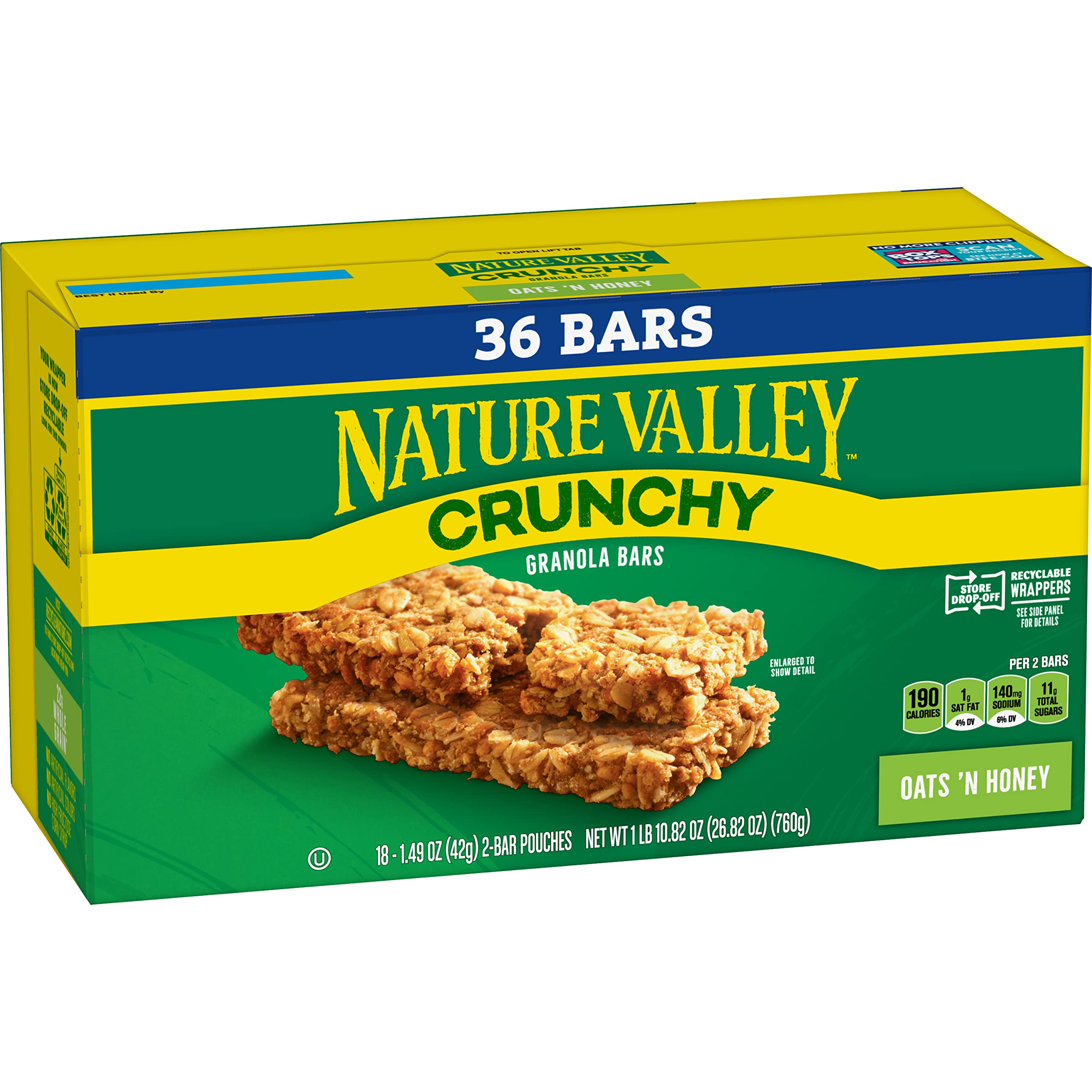 Nature Valley Oats 'n Honey packaging shows convenient grab-and-go snack.
