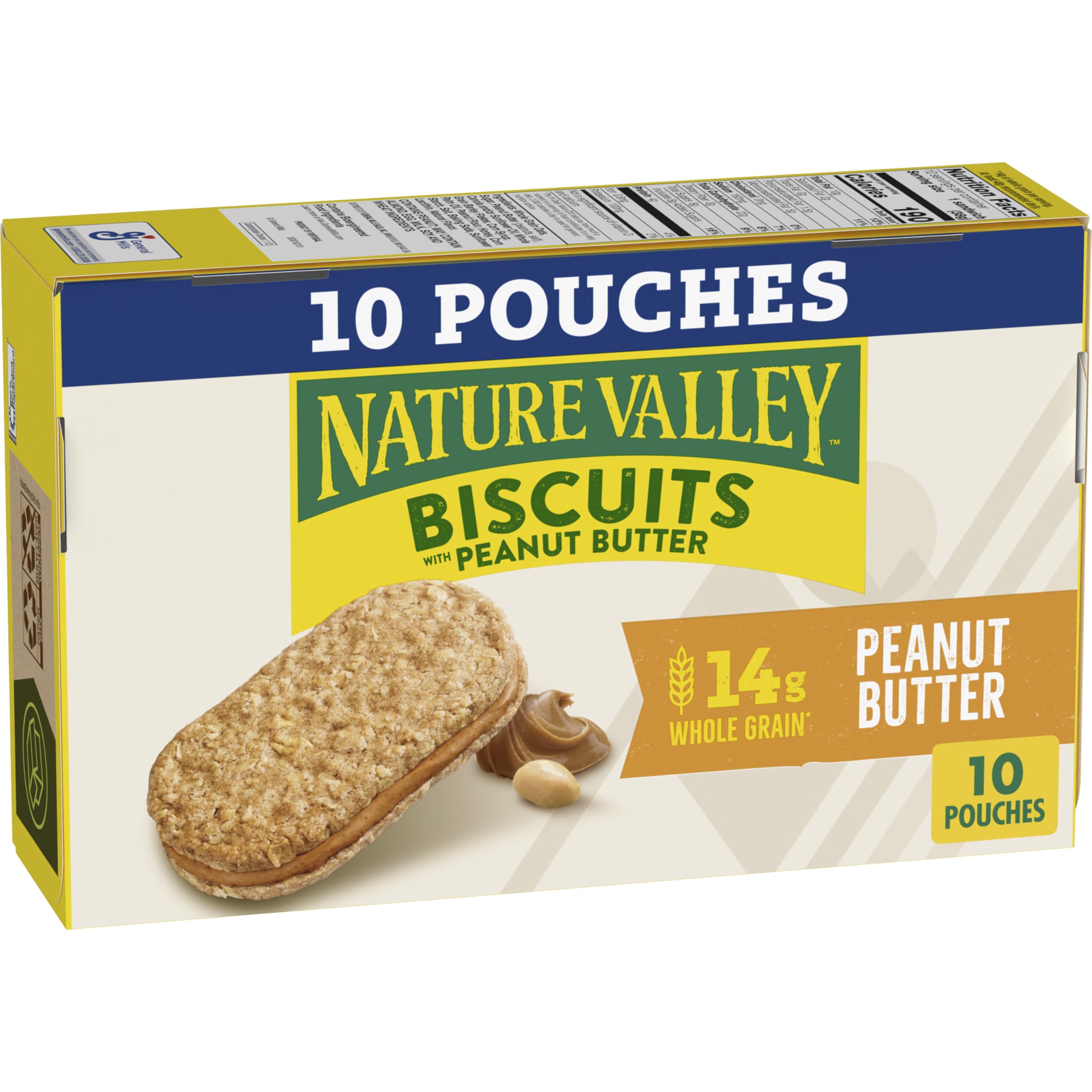 Nature Valley Peanut Butter Biscuit Sandwich box front, a portable breakfast on the go.