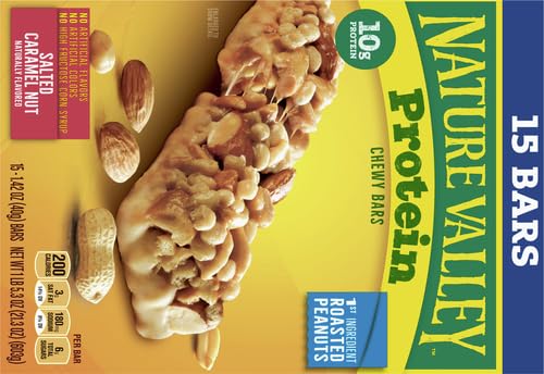 Nature Valley Protein Chewy Salted Caramel Nut bar close-up showing chewy texture