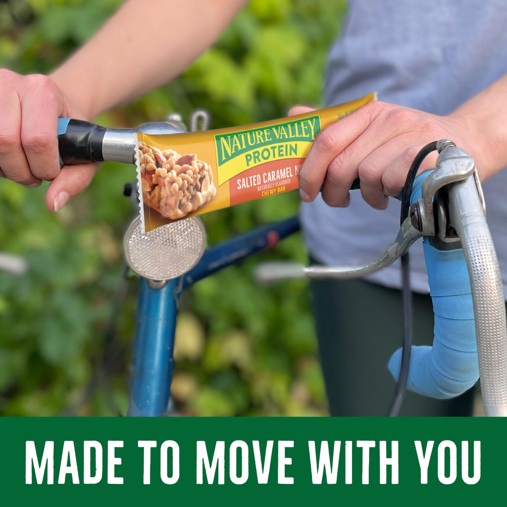 Nature Valley Protein Chewy Salted Caramel Nut bar during break for protein on the go