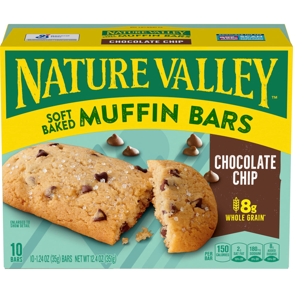 Nature Valley Soft Baked Muffin Bars chocolate chip closeup suggests quick energy on busy days