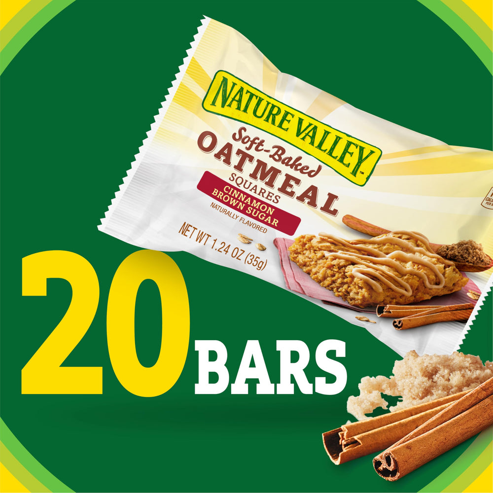 Close-up of Nature Valley Soft Baked Oatmeal Squares bar with cinnamon brown sugar.