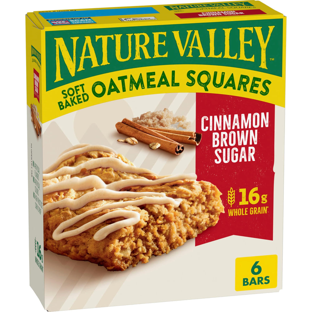 Nature Valley Soft-Baked Oatmeal Squares Cinnamon Brown Sugar box for on-the-go breakfast.