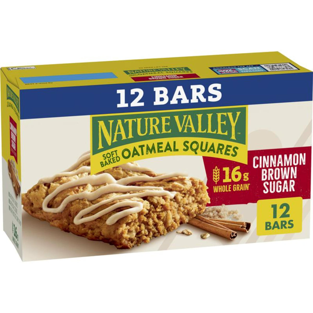 Nature Valley Soft Baked Oatmeal Squares packaging highlights wholesome ingredients for on-the-go snacking.