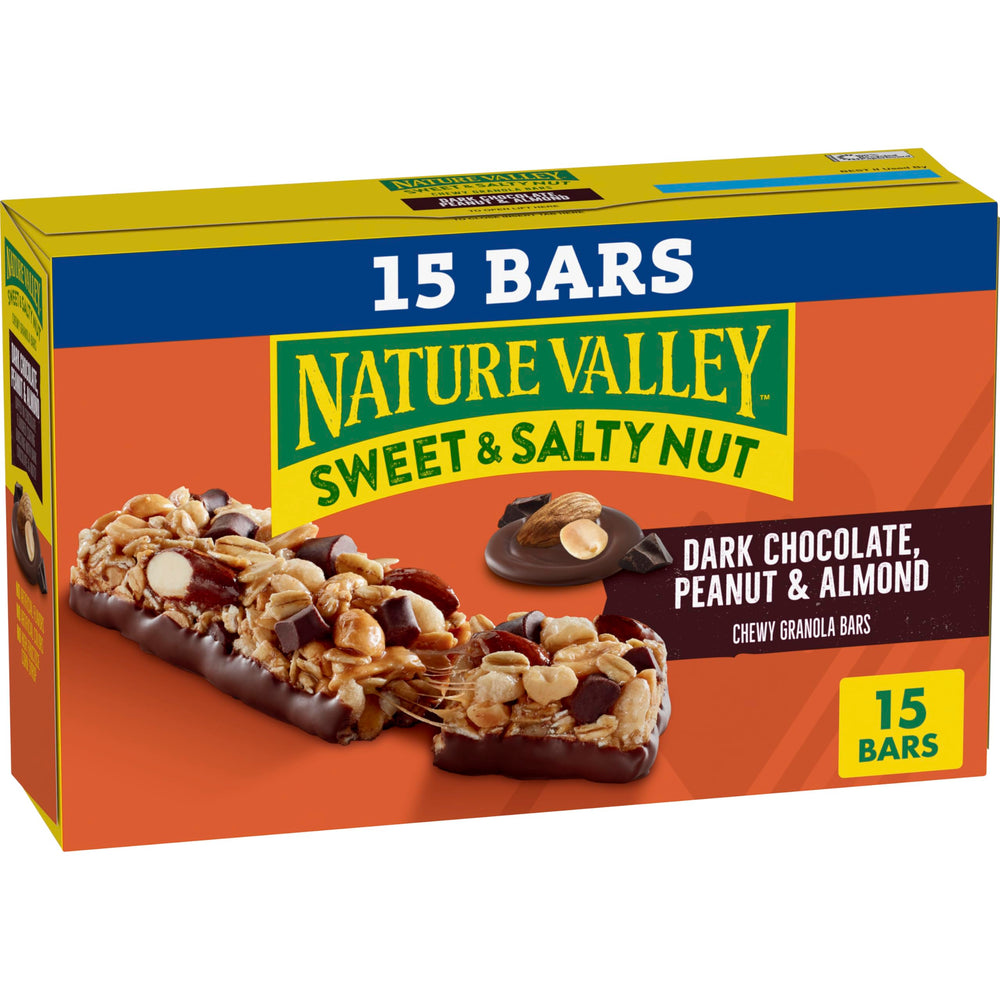 Nature Valley Sweet and Salty Nut Bar box on shelf, pantry-ready.