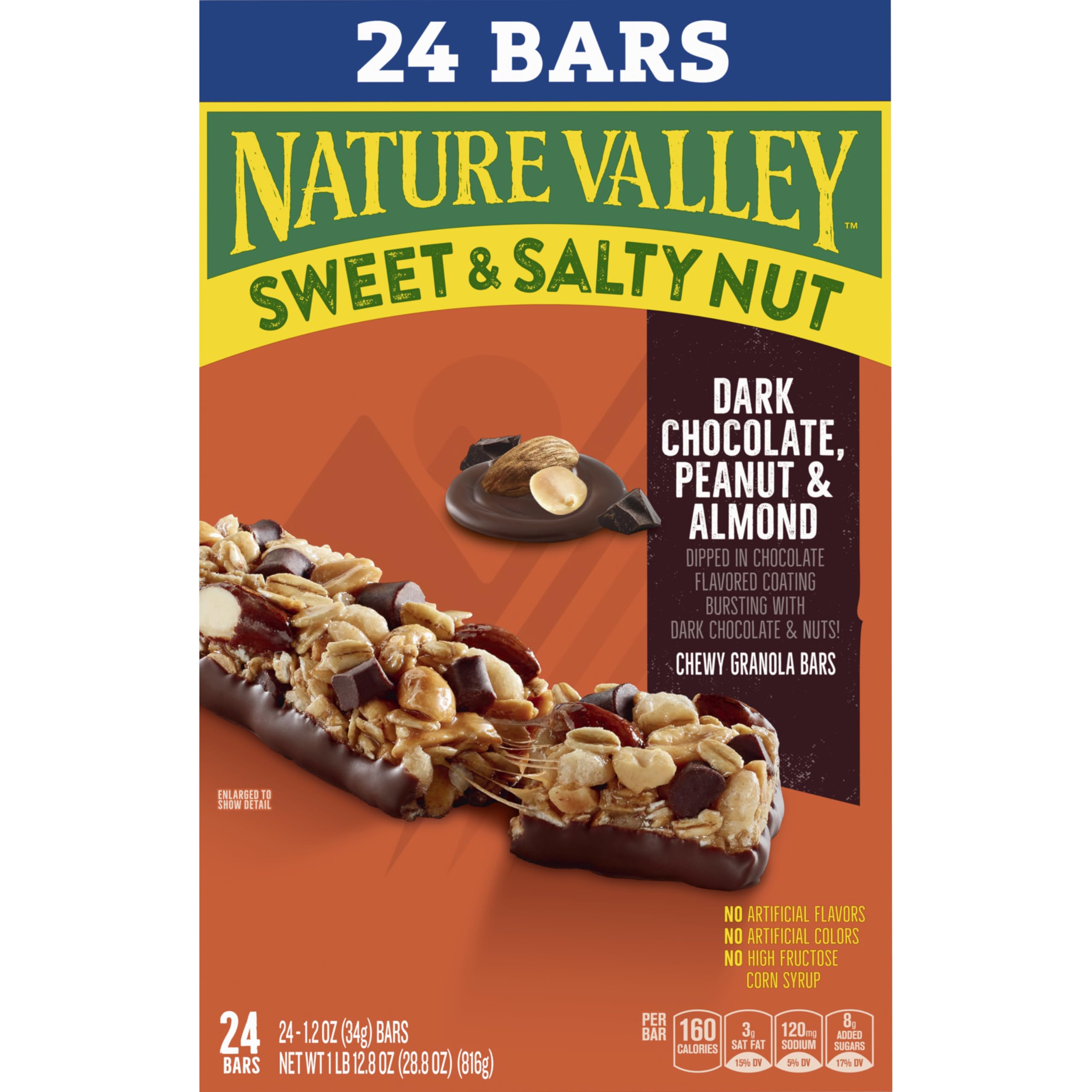 Chewy granola texture from Nature Valley bar with a rich coating.