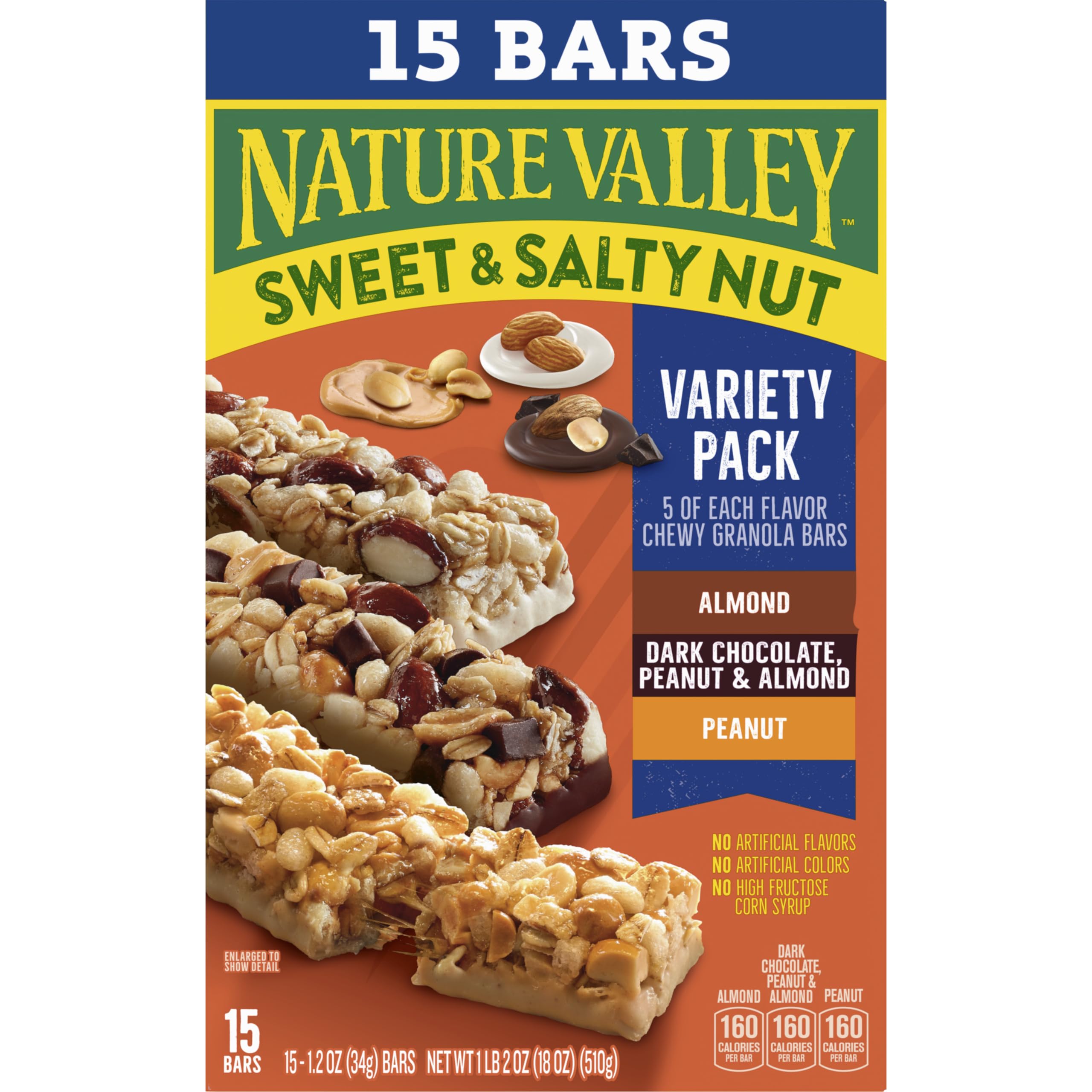 Nature Valley Sweet and Salty Nut bar, dark chocolate peanut almond, indulgent bite.
