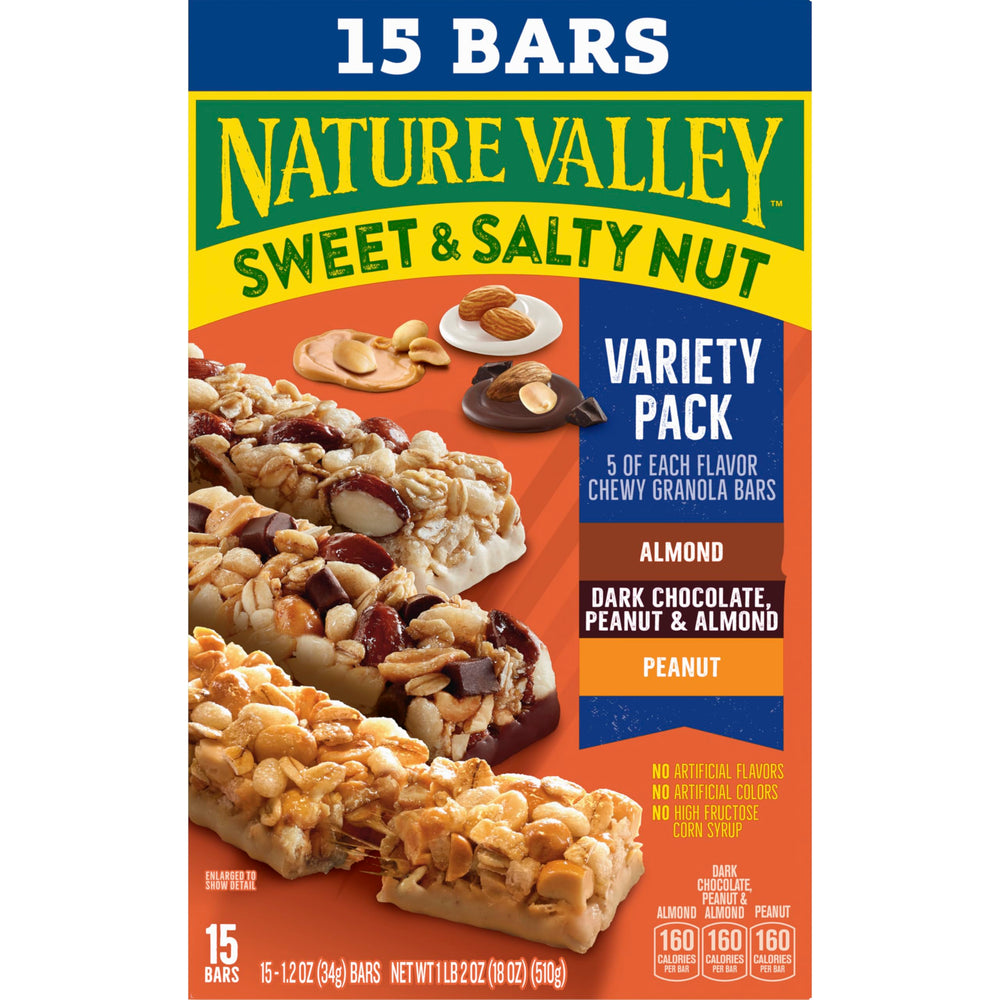 Nature Valley Sweet and Salty Nut bar, dark chocolate peanut almond, indulgent bite.