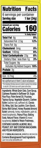 Nature Valley bar closeup highlights crunchy cashews and coating.