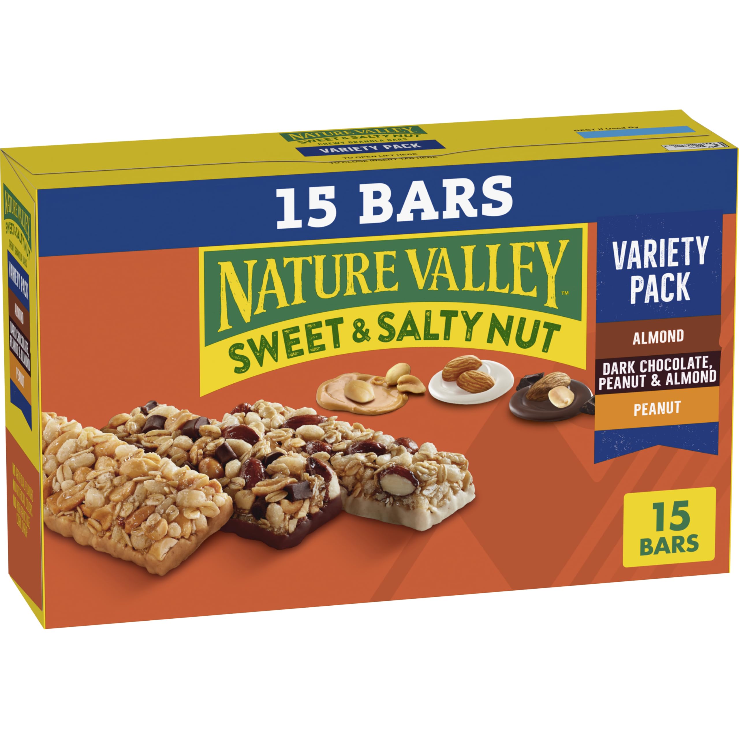 Nature Valley Sweet and Salty Nut Variety Pack box shows three flavors for on-the-go snacking.