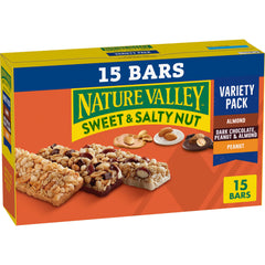 Nature Valley Sweet and Salty Nut Variety Pack box shows three flavors for on-the-go snacking.
