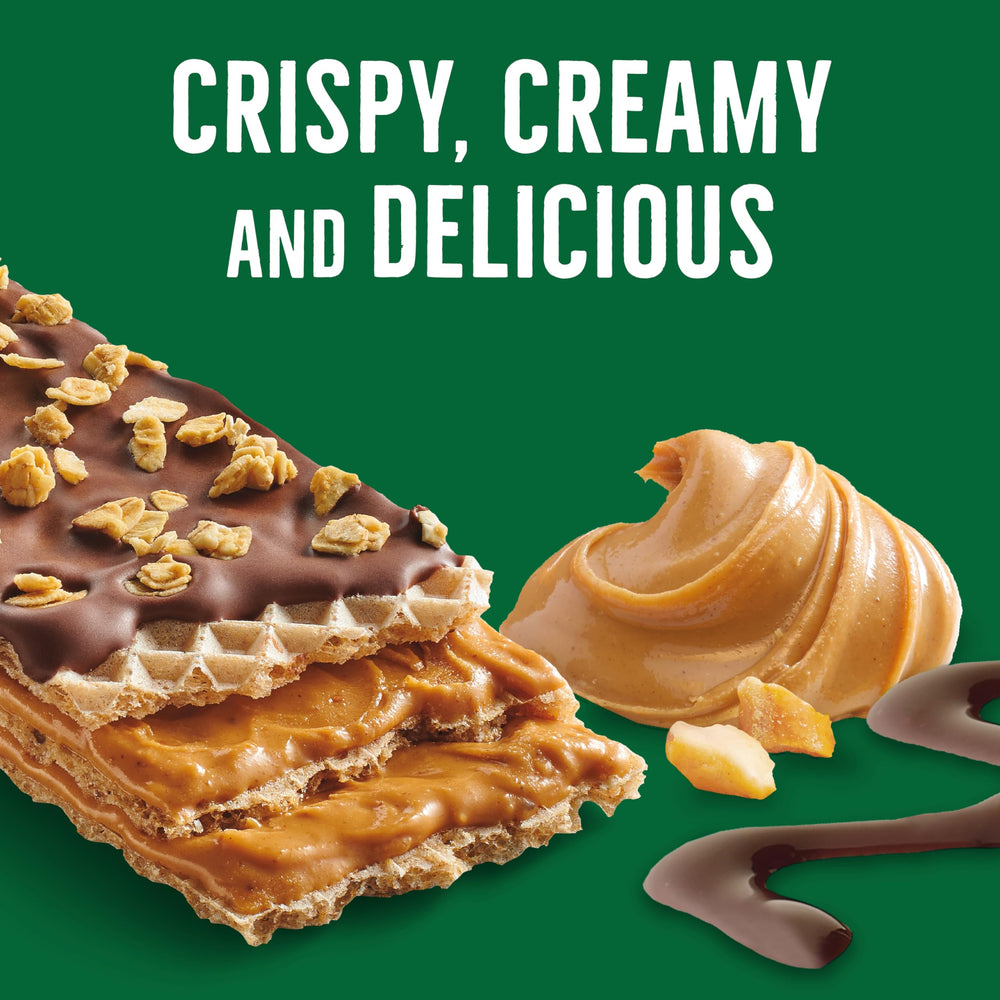 Nature Valley wafer-bar chocolate coating close-up—rich chocolate and crunchy topping.