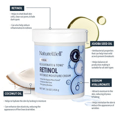 Nature Well Retinol Intense Moisture Cream spa-size jar with scoop on bathroom counter