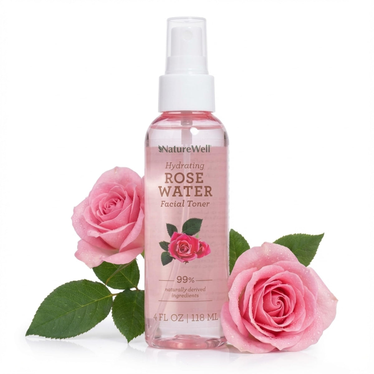 NATURE WELL Rose Water Toner Bottle for daily hydrating and soothing skin.
