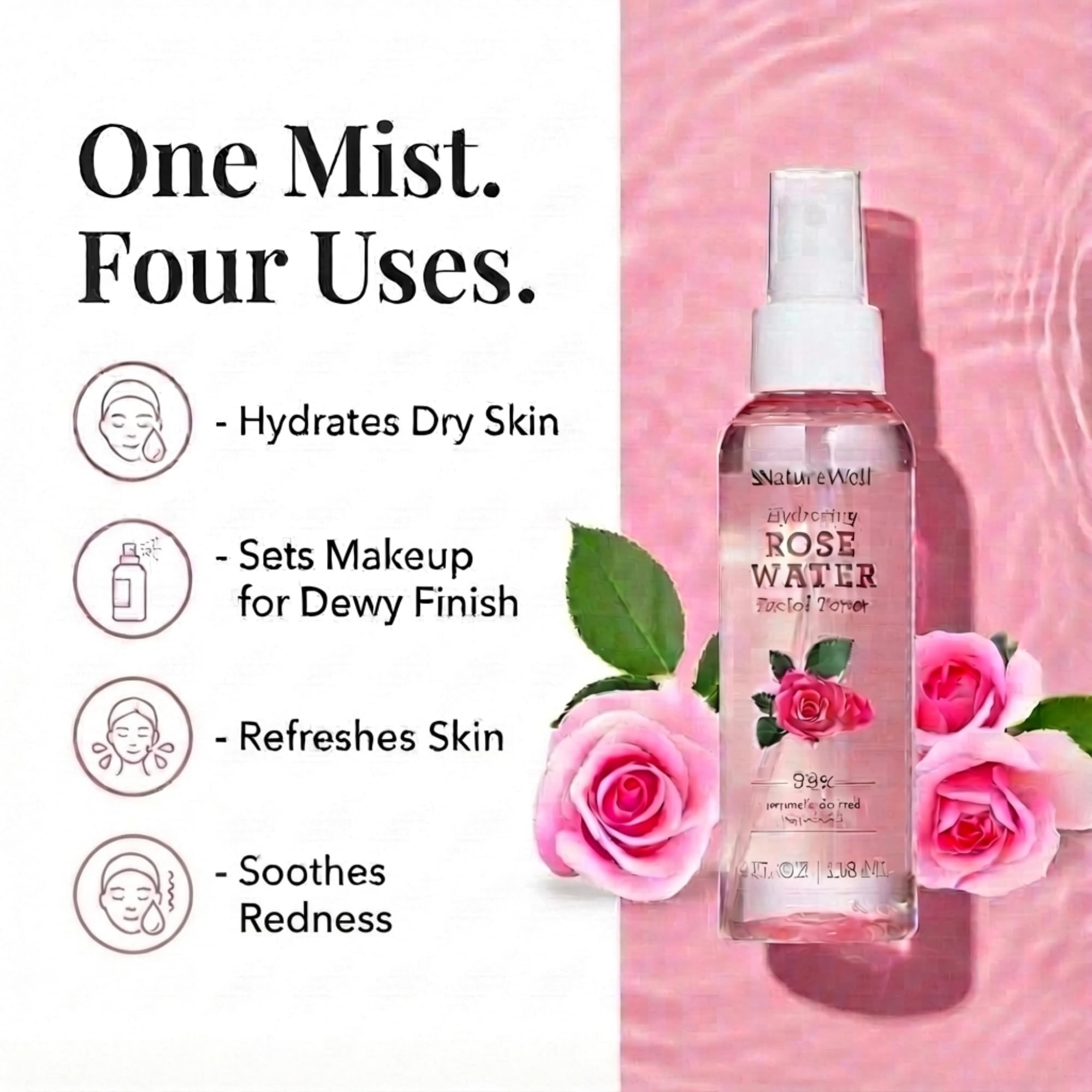 NATURE WELL Rose Water Toner Spray on Face for quick hydration.