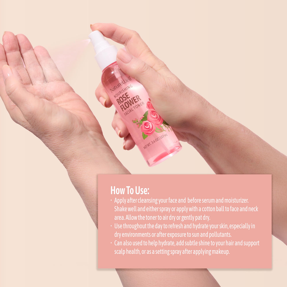 NATURE WELL Rose Water Toner Hair Refreshing Mist can enliven locks.