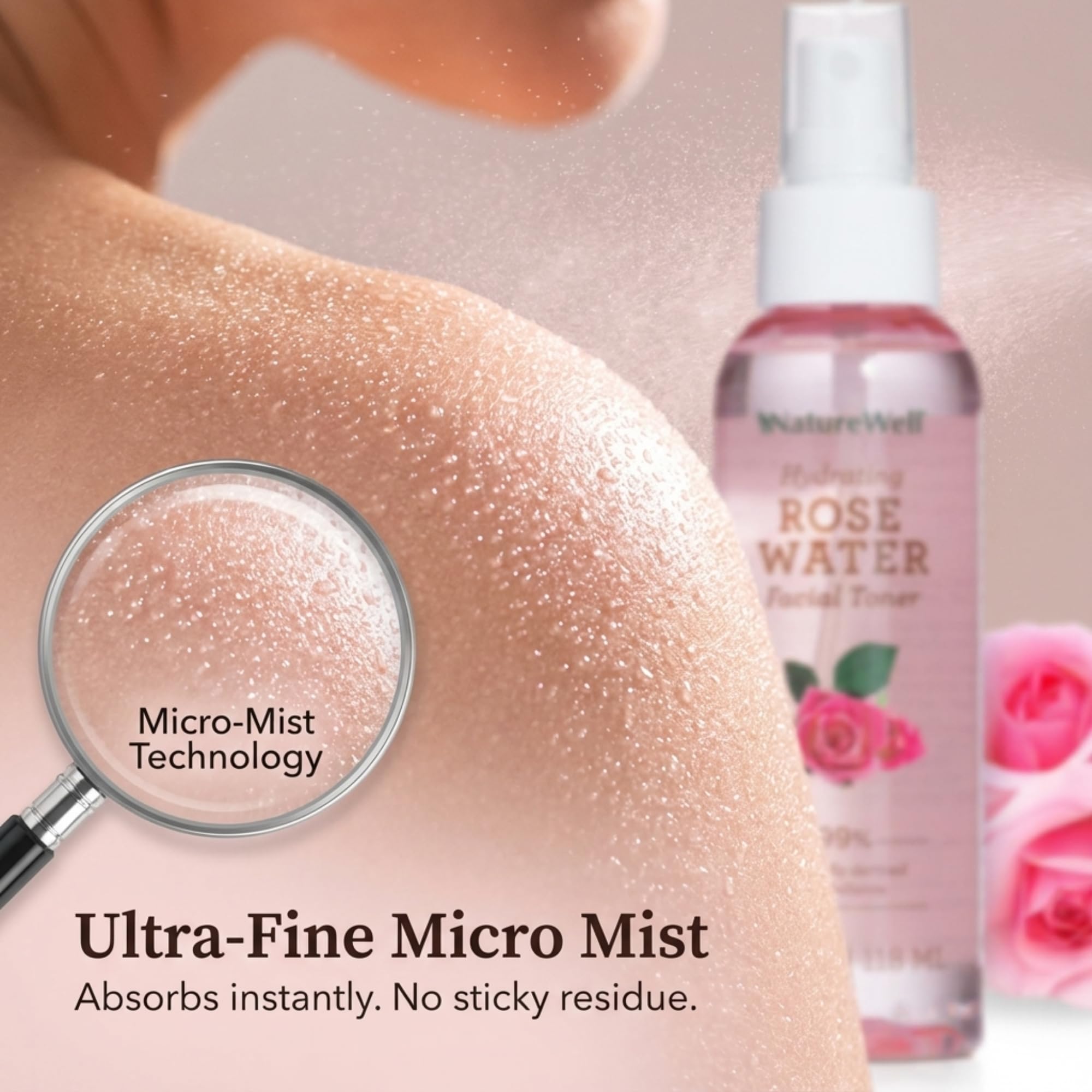 NATURE WELL Rose Water Toner Closeup Ingredients highlights key botanicals.