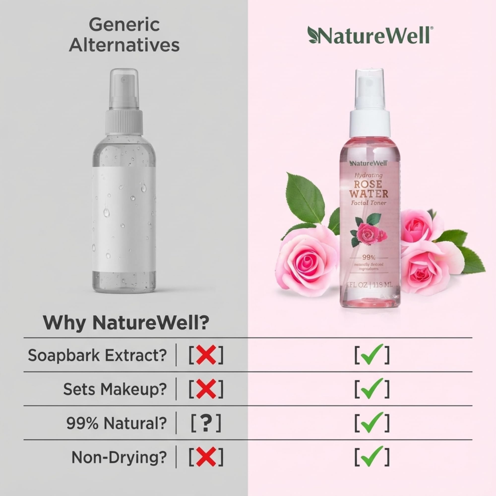 NATURE WELL Rose Water Toner Packaging Front showcases clean, travel-friendly design.