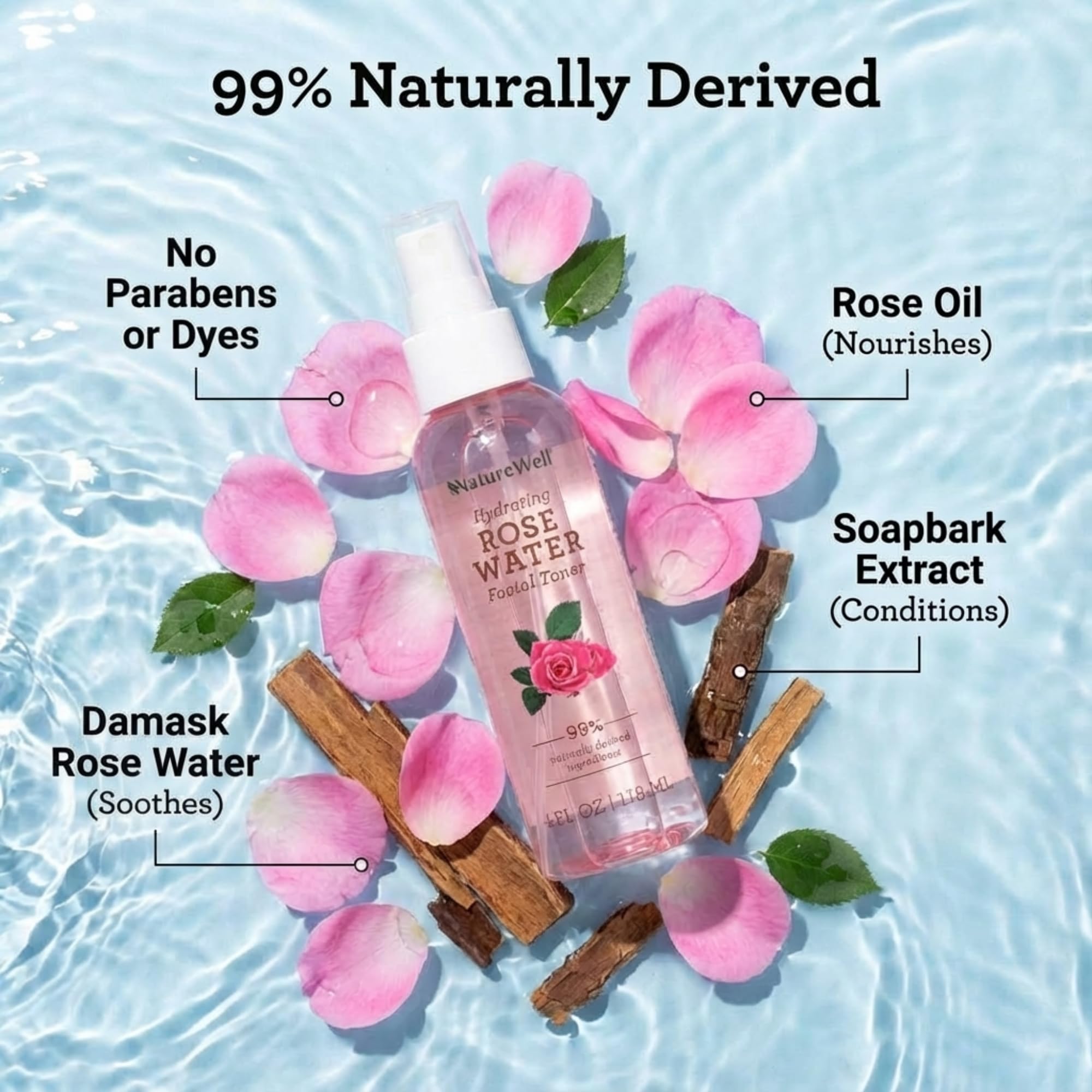 NATURE WELL Rose Water Toner Rose Oil Detail highlights gentle nourishment.