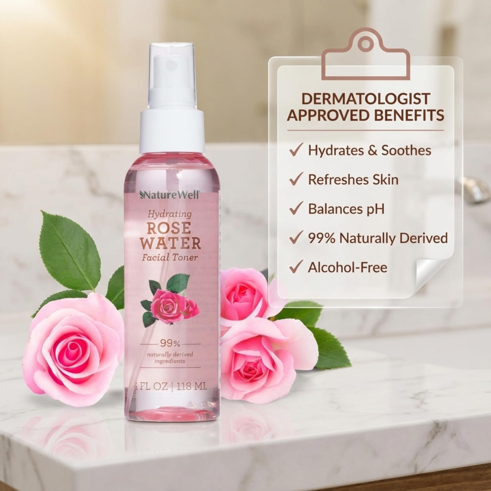 NATURE WELL Rose Water Toner Soapbark Extract emphasizes soothing conditioning.