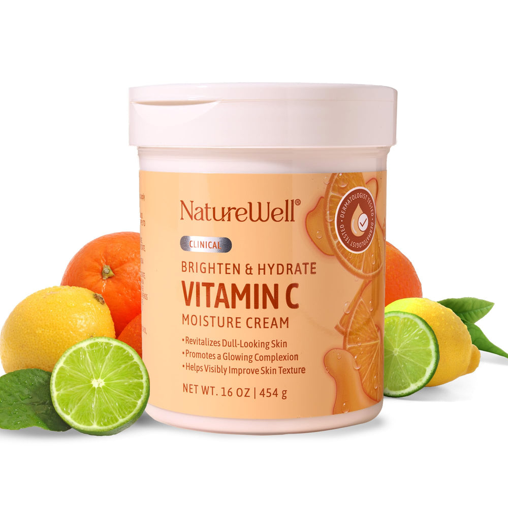 Nature Well Vitamin C Brightening Cream jar with scoop promotes even skin tone.