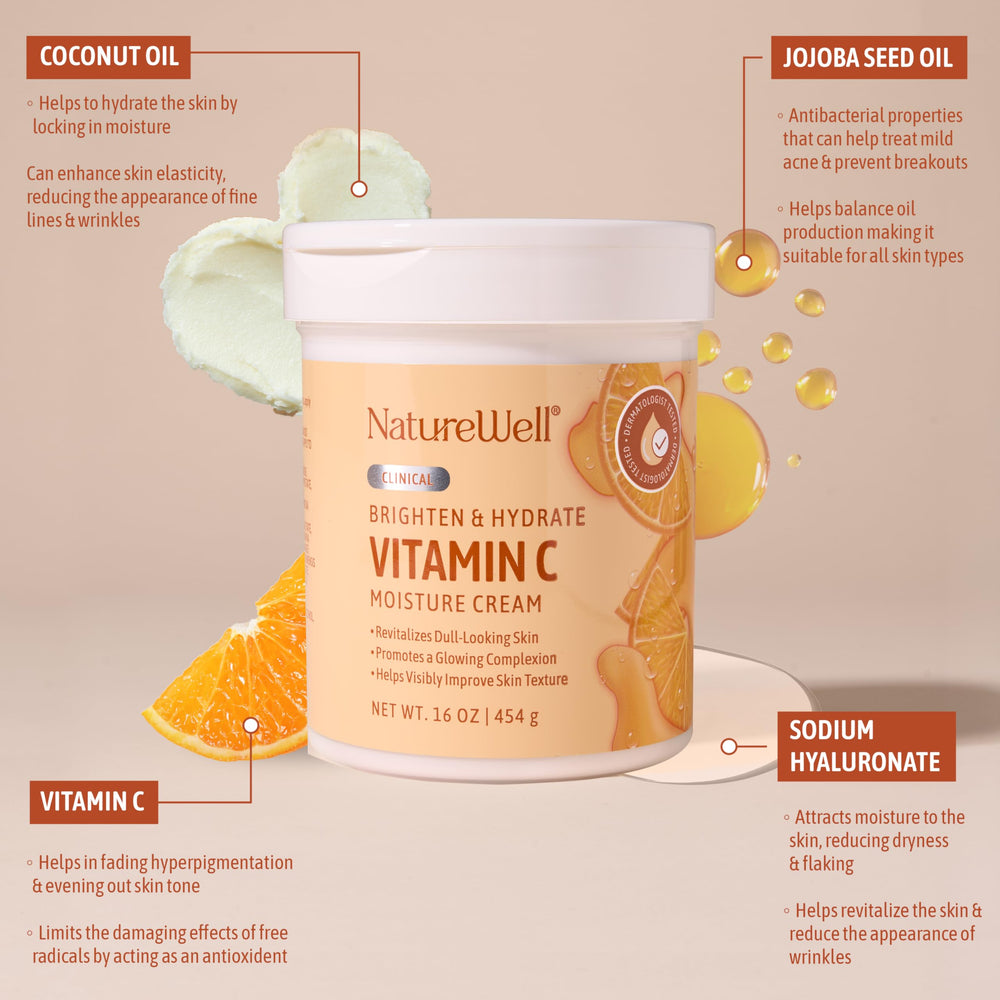 Label detail of Nature Well Vitamin C Brightening Cream shows premium ingredients.