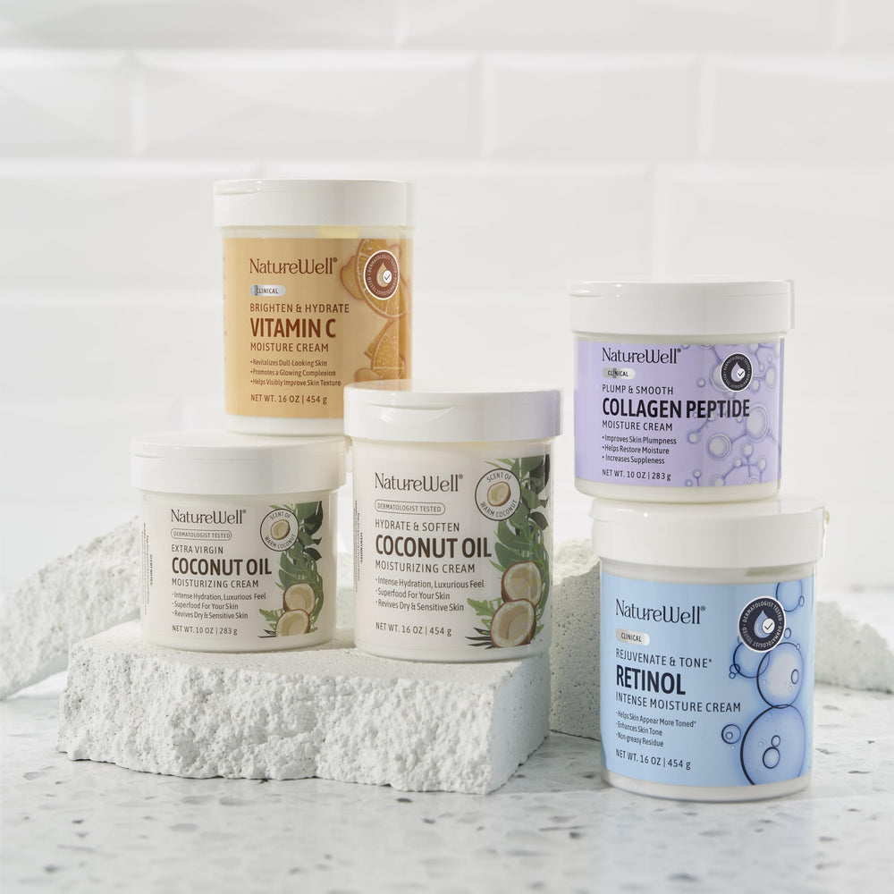 Packaging image of Nature Well Vitamin C Brightening Cream emphasizes practical lid and scoop for easy use.