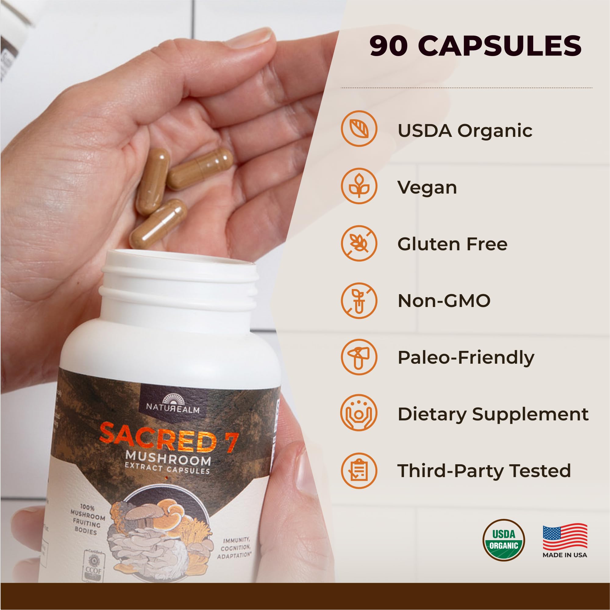 Naturealm mushroom extract bottle close-up emphasizes potent fruiting body compounds.