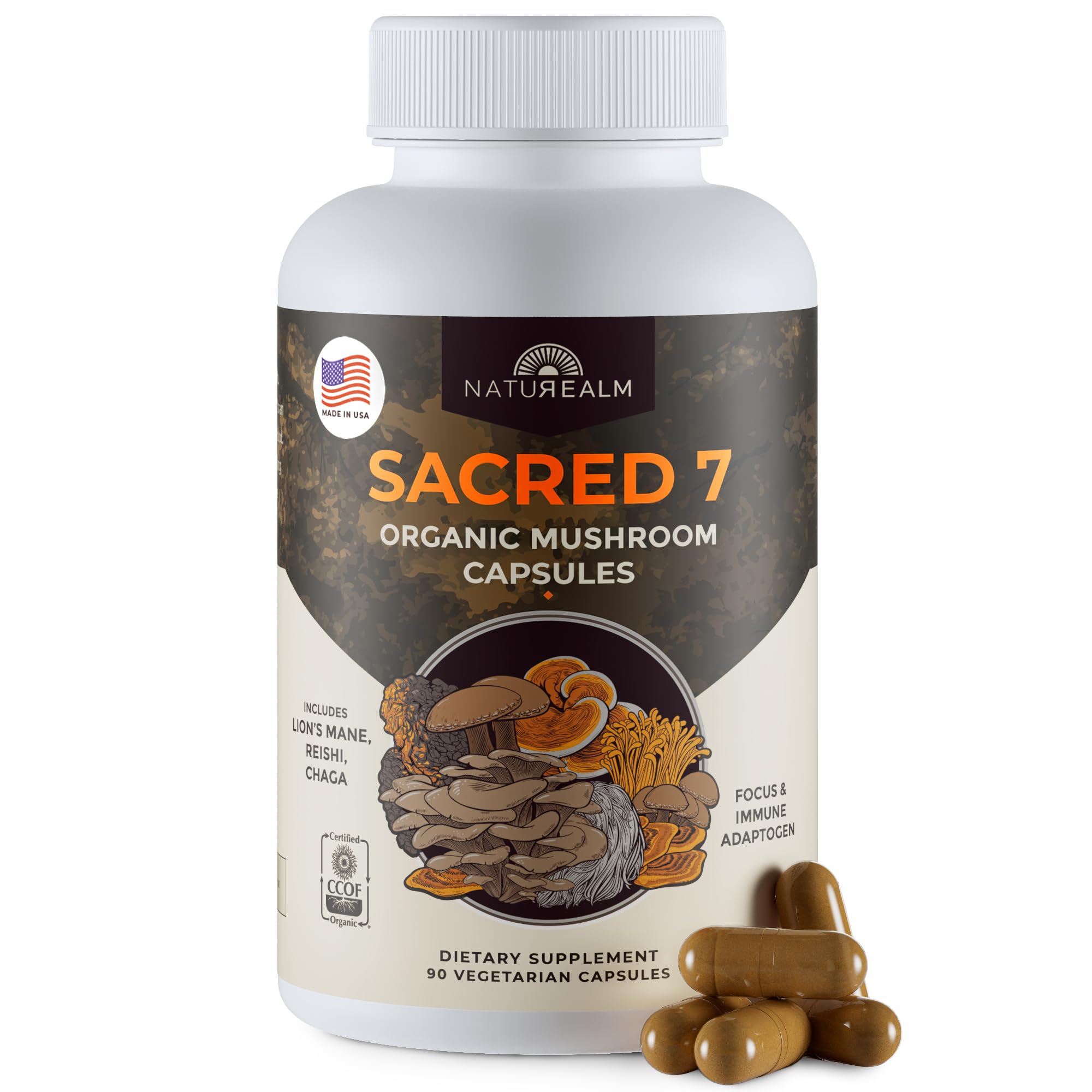 Naturealm Sacred 7 capsules bottle shows premium mushroom blend for daily wellness.