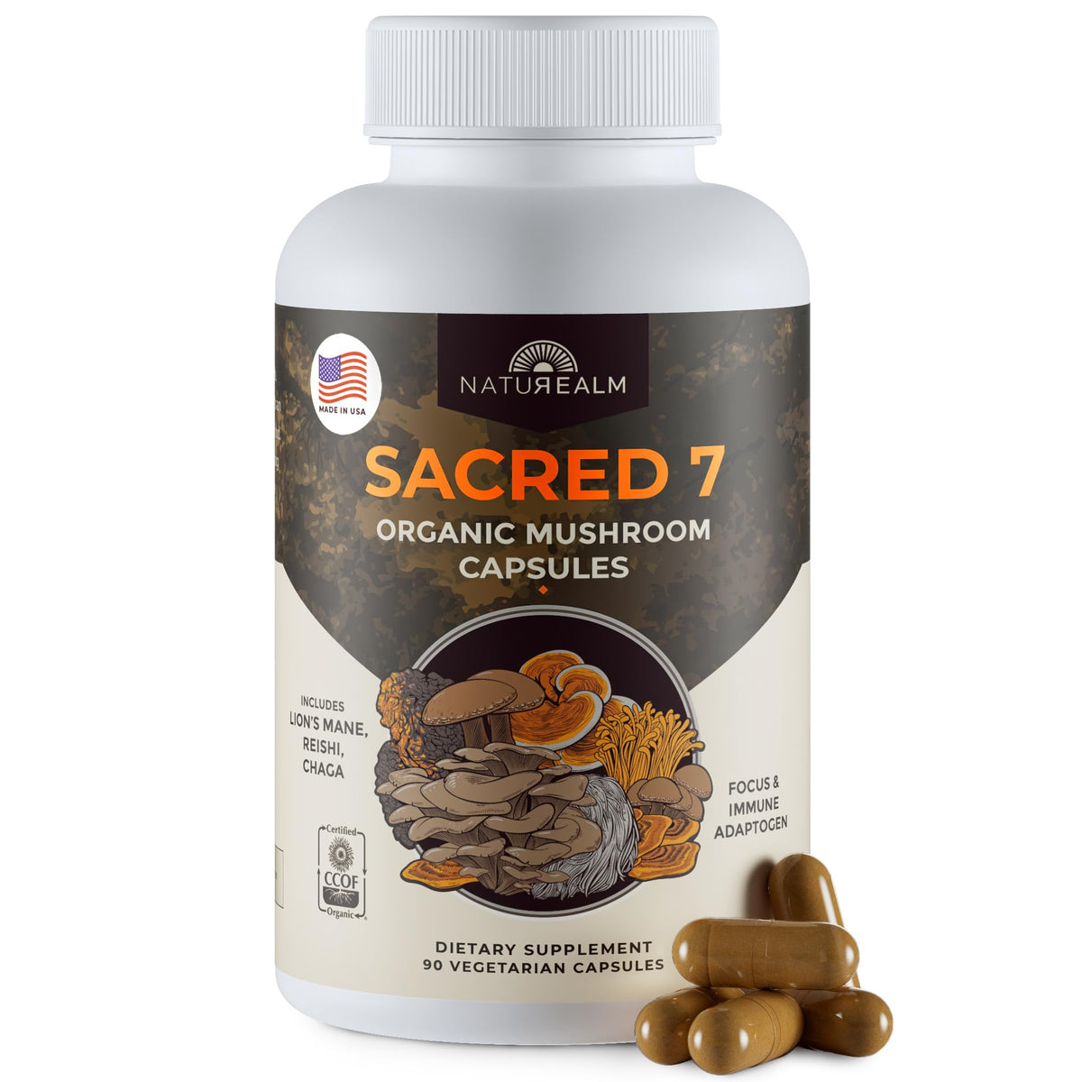 Naturealm Sacred 7 capsules bottle shows premium mushroom blend for daily wellness.