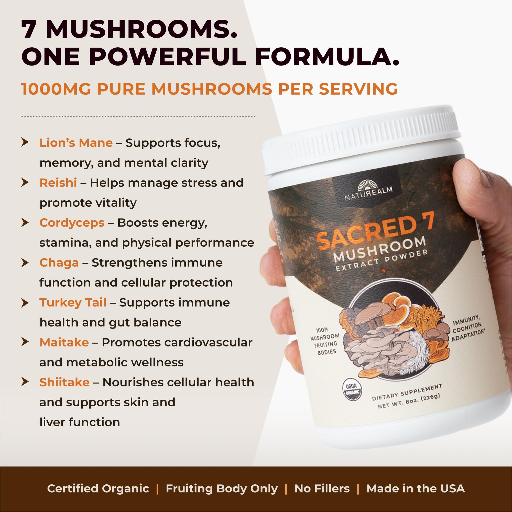 Naturealm Sacred 7 powder in coffee mug for clean, caffeine-free focus.
